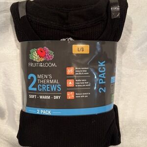 New- Fruit of the Loom Men's Black Thermal Waffle Shirt / Top 2pk Sizes L Large